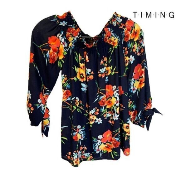 Timing Women's Sexy Off The Shoulder Tops Tie-Sleeve Smocked Off-Shoulder - Picture 2 of 7